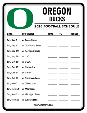 Oregon Ducks Football 2026
 Printable Schedule - Style 4