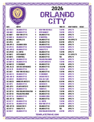 Orlando City 2026
 Printable Soccer Schedule
