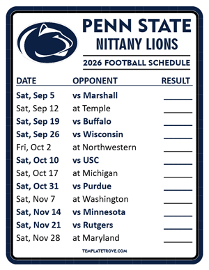 Penn State Nittany Lions Football 2026
 Printable Schedule  - Style 2