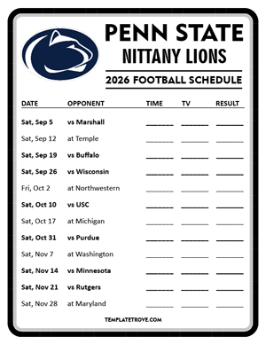 Penn State Nittany Lions Football 2026
 Printable Schedule - Style 4