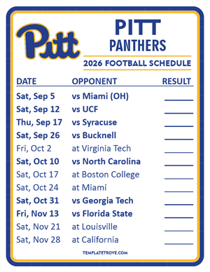 Pitt Panthers Football 2026
 Printable Schedule  - Style 2