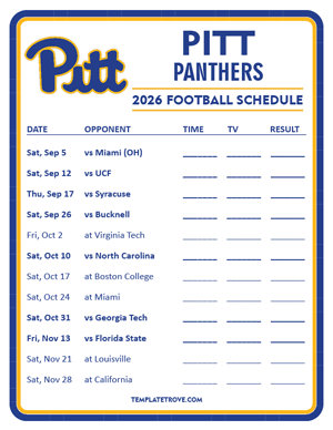 Pitt Panthers Football 2026
 Printable Schedule - Style 3