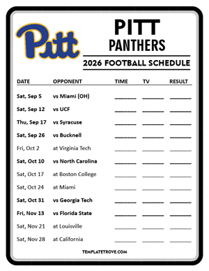 Pitt Panthers Football 2026
 Printable Schedule - Style 4
