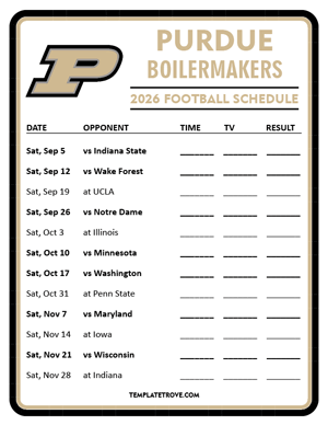 Purdue Boilermakers Football 2026
 Printable Schedule - Style 3