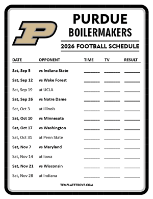 Purdue Boilermakers Football 2026
 Printable Schedule - Style 4