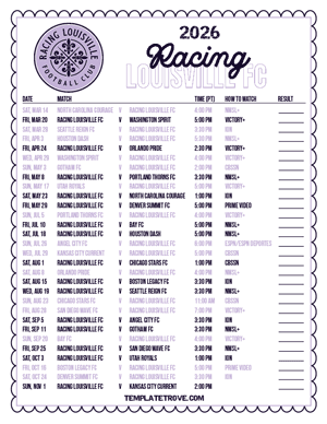 Racing Louisville FC 2026
 Printable Soccer Schedule - Pacific Times