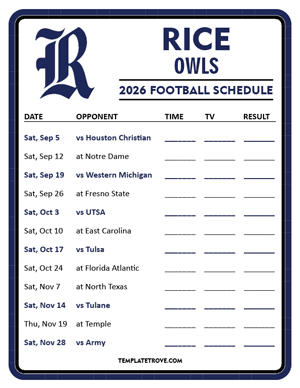 Rice Owls

 Football 2026
 Printable Schedule - Style 3