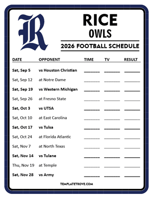 Rice Owls

 Football 2026
 Printable Schedule - Style 4