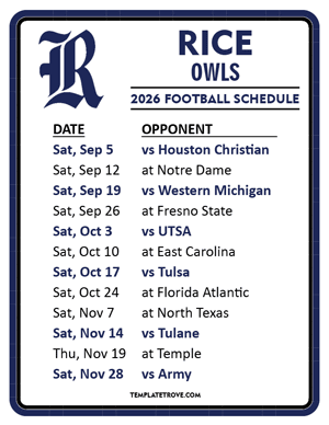 Rice Owls

 Football 2026
 Printable Schedule