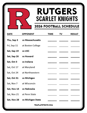 Rutgers Scarlet Knights Football 2026
 Printable Schedule - Style 4