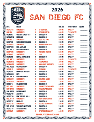 San Diego FC 2026
 Printable Soccer Schedule - Pacific Times