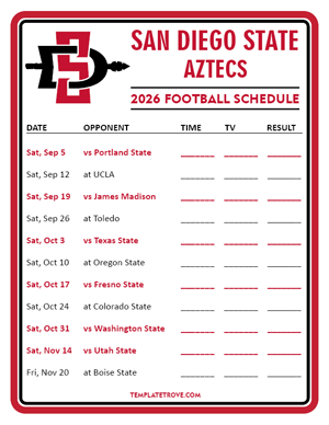 San Diego State Aztecs Football 2026
 Printable Schedule - Style 3