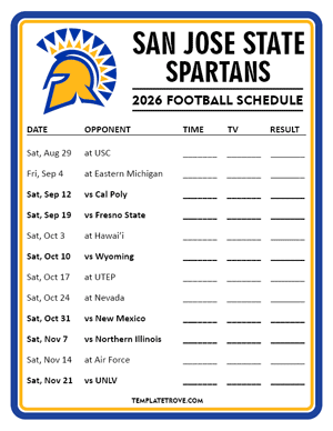 San Jose State Spartans Football 2026
 Printable Schedule - Style 4