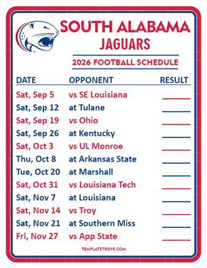 South Alabama Jaguars Football 2026
 Printable Schedule  - Style 2