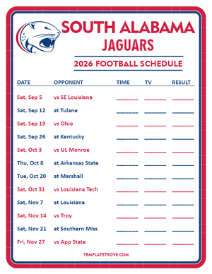 South Alabama Jaguars Football 2026
 Printable Schedule - Style 3