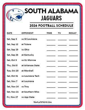 South Alabama Jaguars Football 2026
 Printable Schedule - Style 4