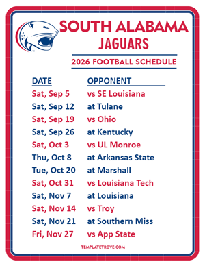 South Alabama Jaguars Football 2026
 Printable Schedule