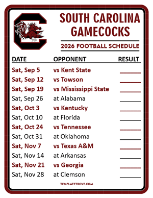 South Carolina Gamecocks Football 2026
 Printable Schedule  - Style 2