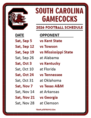 South Carolina Gamecocks Football 2026
 Printable Schedule