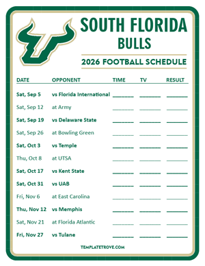 South Florida Bulls Football 2026
 Printable Schedule - Style 3