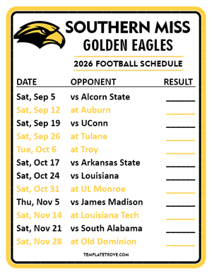 Southern Miss Golden Eagles Football 2026
 Printable Schedule  - Style 2
