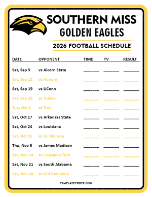 Southern Miss Golden Eagles Football 2026
 Printable Schedule - Style 3