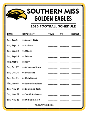Southern Miss Golden Eagles Football 2026
 Printable Schedule - Style 4
