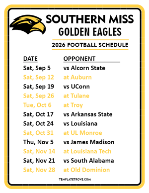 Southern Miss Golden Eagles Football 2026
 Printable Schedule