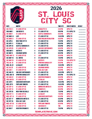 St Louis City SC 2026
 Printable Soccer Schedule