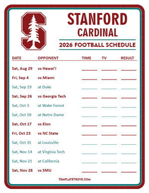 Stanford Cardinal Football 2026
 Printable Schedule - Style 3