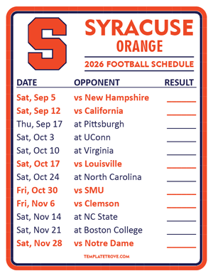 Syracuse Orange Football 2026
 Printable Schedule  - Style 2