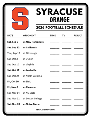 Syracuse Orange Football 2026
 Printable Schedule - Style 4
