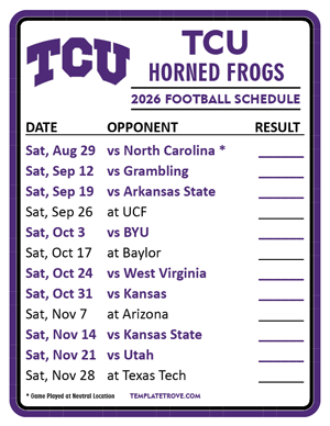 TCU Horned Frogs Football 2026
 Printable Schedule  - Style 2