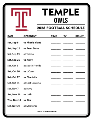 Temple Owls Football 2026
 Printable Schedule - Style 4