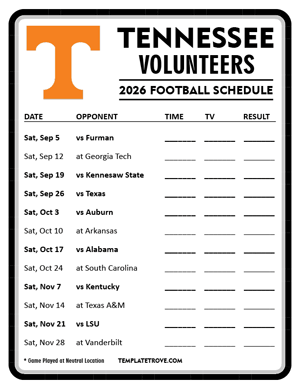 Tennessee Volunteers Football 2026
 Printable Schedule - Style 4