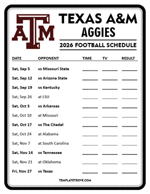 Texas A&M Aggies Football 2026
 Printable Schedule - Style 4