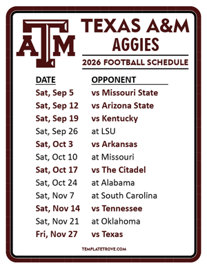 Texas A&M Aggies Football 2026
 Printable Schedule