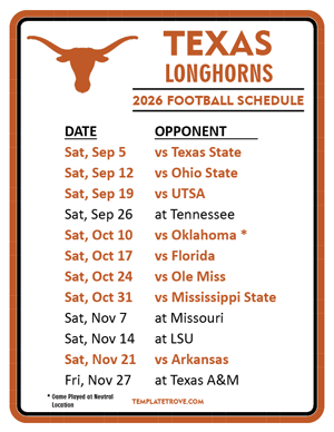 Texas Longhorns Football 2026
 Printable Schedule
