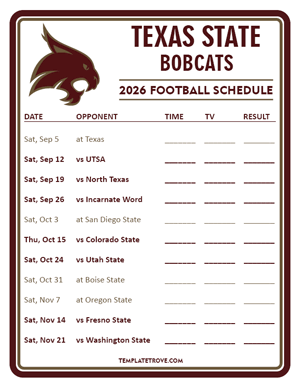 Texas State Bobcats Football 2026
 Printable Schedule - Style 3