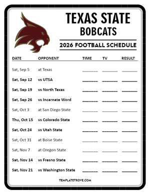 Texas State Bobcats Football 2026
 Printable Schedule - Style 4