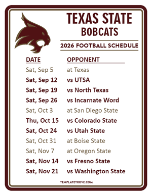 Texas State Bobcats Football 2026
 Printable Schedule