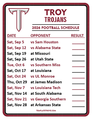 Troy Trojans Football 2026
 Printable Schedule  - Style 2