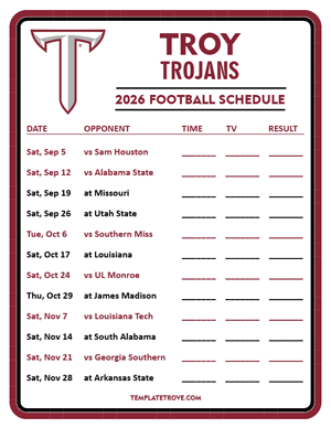 Troy Trojans Football 2026
 Printable Schedule - Style 3