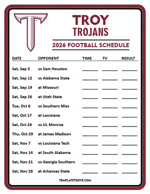 Troy Trojans Football 2026
 Printable Schedule - Style 4