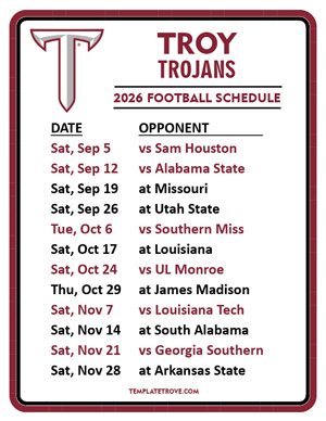 Troy Trojans Football 2026
 Printable Schedule