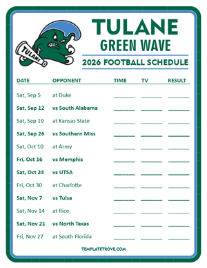 Tulane Green Wave Football 2026
 Printable Schedule - Style 3