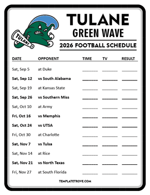 Tulane Green Wave Football 2026
 Printable Schedule - Style 4