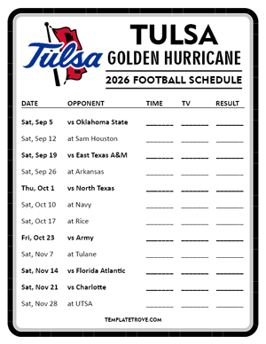 Tulsa Golden Hurricane Football 2026
 Printable Schedule - Style 4