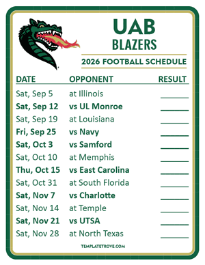 UAB Blazers
 Football 2026
 Printable Schedule  - Style 2