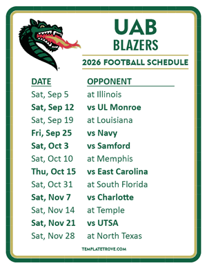 UAB Blazers
 Football 2026
 Printable Schedule